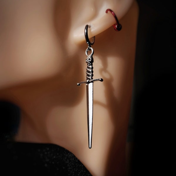 Silver Sword Dagger Earring Dangle Dagger Earring Gothic Earring, Large Sword Earring, Dagger Earring Steel Hoop Gothic Jewellery Dagger Men