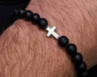 Cross Bracelet Steel | Black and Silver Beaded Onyx Gemstone beads | For Men and Women | Stretch Bracelet | Handmade Bracelet with beads