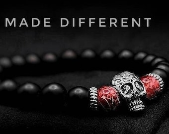Skull Beaded Bracelet for Men & Women,Gothic/Grunge/Punk/Alternative Jewellery'BLOOD SPATTER' Bracelet, Black Stone Beads,Silver Skull charm