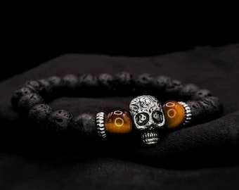 Gothic skull charm, beaded stretch halloween bracelet | skeleton bracelet | Halloween jewellery | Lava stone bracelet gift for her/him