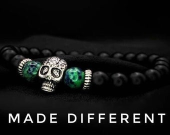 Azurite Stone Skull Bracelet Jewellery,Men&Women,Black Beaded Onyx Stone,Gothic Skull Bead Bracelet Bracelet,Alternative,Gothic,Punk Gift
