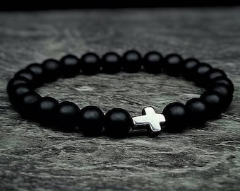 Men's Beaded Cross Bracelet. Black Beaded Onyx Stone Jewellery,Alternative Style, Hematite Cross Charm. Precious Healing Stone. Mens Gift