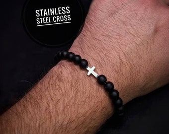 Cross Bracelet Steel | Black and Silver Beaded Onyx Gemstone beads | For Men and Women | Stretch Bracelet | Handmade Bracelet with beads