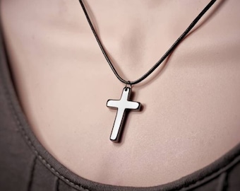 Natural Stone Cross Necklace For Men & Women Hematite Cross Pendant Necklace,Minimalistic Necklace for Men,Anxiety Healing Stone Necklace