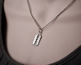Gothic Silver Chain Razor Necklace, Unique Handmade Silver Charm Jewellery, Gothic Necklaces for women and men, Alternative punk Necklace