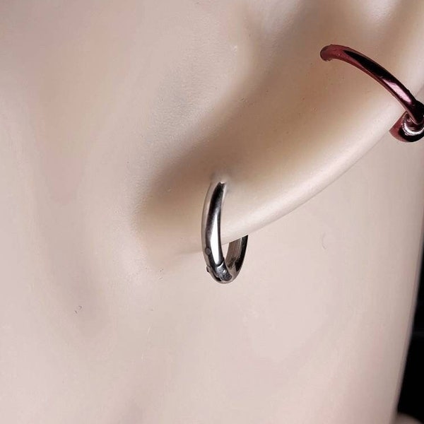 Silver Hoop Earring Set For Men and Women, Mens Stainless Steel Silver Hoop Earring Minimalistic Steel Hoop, 12 mm Huggie Hoop Earrings Men