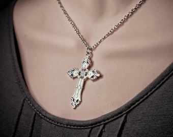 Silver Gothic Cross Necklace For Women & Men,Large Gothic Cross Statement Necklace,Big Cross Necklace Gothic,Crucifix Necklace