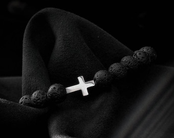Cross Bracelet Jewelry For Men & Women Black Beaded Gothic Silver Charm,Lavastone Beads Mans Alternative Jewellery, Anniversary gift for him