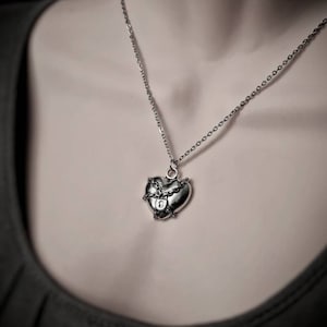 Op de afbeelding: Een zilveren ketting met een hartvormige hanger. Het hart is geketend en heeft een slot.