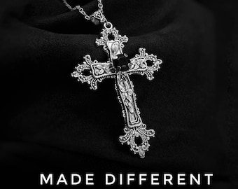 Large Silver Cross Statement Necklace Gothic Cross Pendant Necklace, Crucifix Statement Necklace Silver Goth Cross Pendant for Women and Men