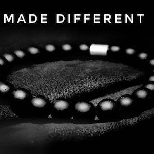 Black and Silver,Onyx Stone Elastic Bead Bracelet for Men/ Women with Stainless Steel Metal Spacer Charm,Small 8mm Beads,Handmade,Male Gift