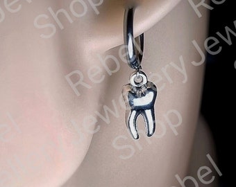 Silver Teeth Gothic Earrings for Women and Men, Hoop Tooth Weird Creepy Earrings, Unique Hoop Earrings for Goths Emos, Edgy Earrings Dangle