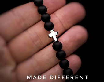Beaded Cross healing bracelet for men and women with hematite charm,black beaded bracelet for men, cross onyx stone beads ,gift for him