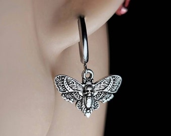 Gothic Moth Earrings Silver, Moth Dangle Earrings, Goth Earrings for Women and Men, Unique Moth Charm Earrings, Steel Hoop Moth Earrings