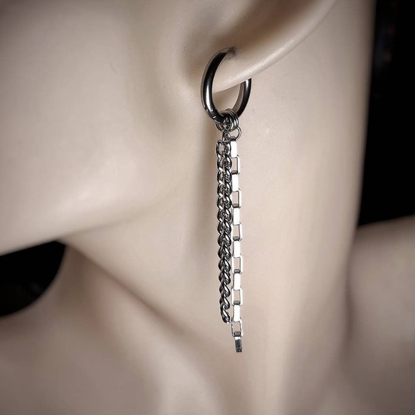 Silver Chain Earrings Gothic Drop Chain For Men and Women, Earring Dangle Silver Steel Hoop. Dangle Chain Hoop Earrings Gothic Punk Earrings