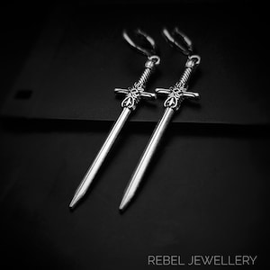 Silver Sword Earings for Women and Men. Unique Gothic Alternative Jewellery, Dagger Dangle Sword Silver Charm Earring Set, Unique gift zdjęcie 6