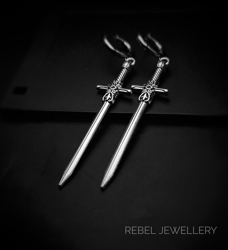 Silver Sword Earings for Women and Men. Unique Gothic Alternative Jewellery, Dagger Dangle Sword Silver Charm Earring Set, Unique gift zdjęcie 6