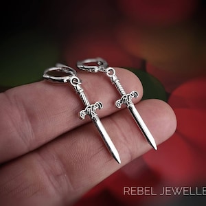 Silver Steel Hoop Dagger Earings for Women and Men. Unique Gothic Alternative Jewellery, Dagger Dangle Silver Charm Earring Set, Unique gift Pair