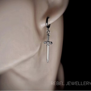 Silver Steel Hoop Dagger Earings for Women and Men. Unique Gothic Alternative Jewellery, Dagger Dangle Silver Charm Earring Set, Unique gift