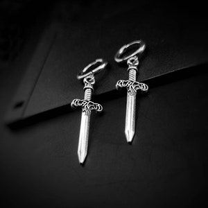 Silver Steel Hoop Dagger Earings for Women and Men. Unique Gothic Alternative Jewellery, Dagger Dangle Silver Charm Earring Set, Unique gift zdjęcie 8