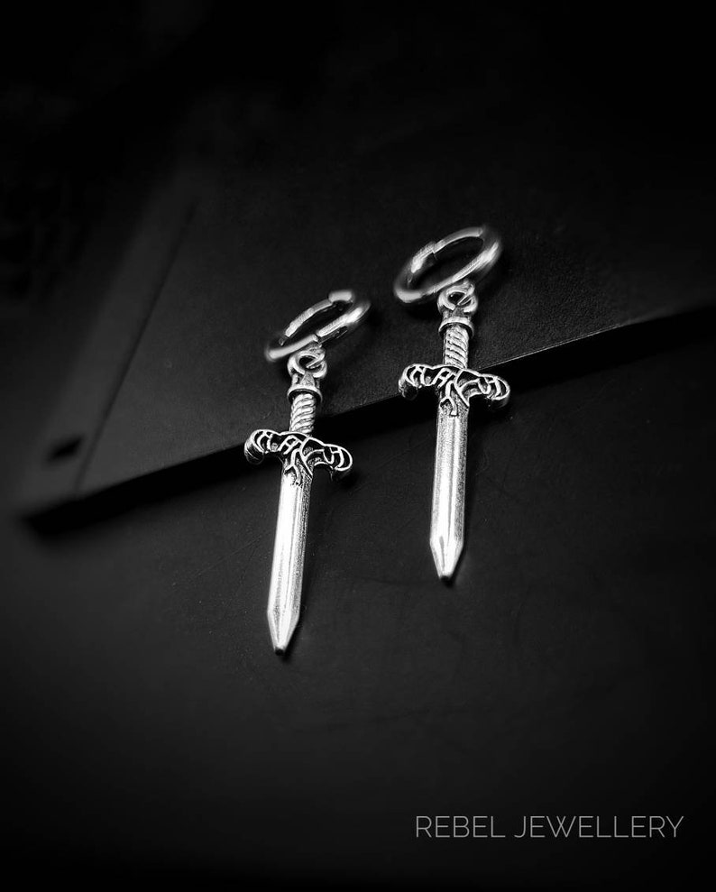 Silver Steel Hoop Dagger Earings for Women and Men. Unique Gothic Alternative Jewellery, Dagger Dangle Silver Charm Earring Set, Unique gift zdjęcie 8