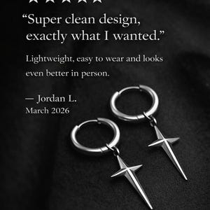 May include: A pair of silver hoop earrings with a star-shaped pendant. The image includes text that reads "Super clean design, exactly what I wanted." and "Lightweight, easy to wear and looks even better in person."