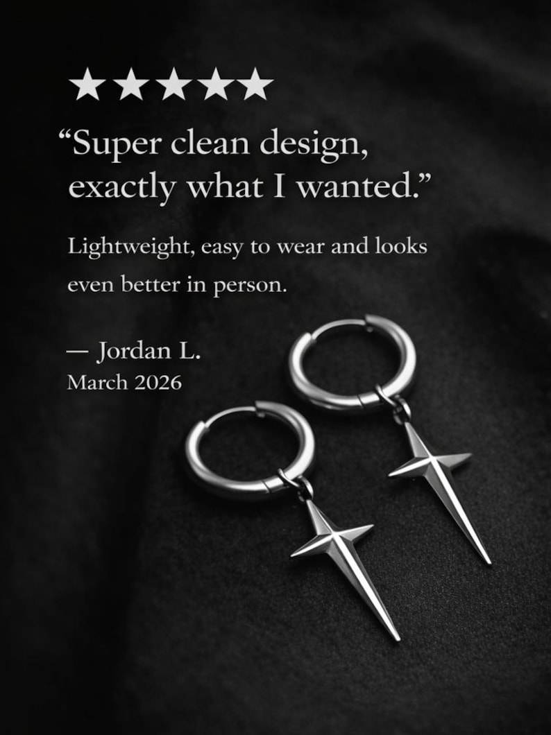 May include: A pair of silver hoop earrings with a star-shaped pendant. The image includes text that reads "Super clean design, exactly what I wanted." and "Lightweight, easy to wear and looks even better in person."