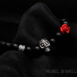Gothic Skull Bracelet | For Men | For Women | Silver Skull Bead Charm |Black Onyx Mens Bracelet | Halloween Jewellery | Gothic Jewellery