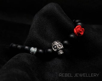 Gothic Skull Bracelet | For Men | For Women | Silver Skull Bead Charm |Black Onyx Mens Bracelet | Halloween Jewellery | Gothic Jewellery