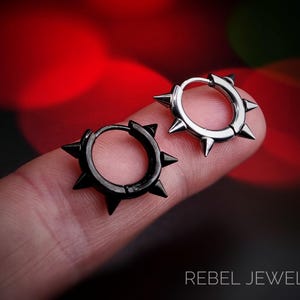 Silver Spike Earring Hoops, Huggie Hoops Spike Earrings Gothic Punk Earrings, Spikey Earrings Man, Punk Hoop Earring Spikey Dark Jewellery image 2