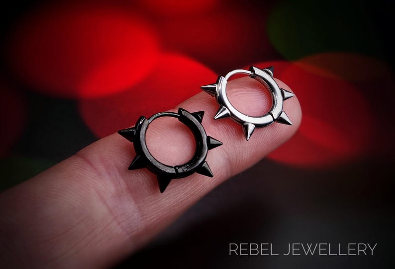 Silver Spike Earring Hoops, Huggie Hoops Spike Earrings Gothic Punk Earrings, Spikey Earrings Man, Punk Hoop Earring Spikey Dark Jewellery image 2