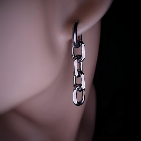 Zilveren kettingschakel dangle gotische oorbel voor dames en heren, gothic drop and bengel ketting oorbellen staal, goth punk alternatieve statement oorbel
