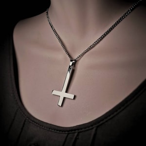 Upside down Silver Cross Pendant Necklace, Gothic Alternative Necklace for Women and Men, Inverted Crucifix Gothic Emo Grunge Necklace.