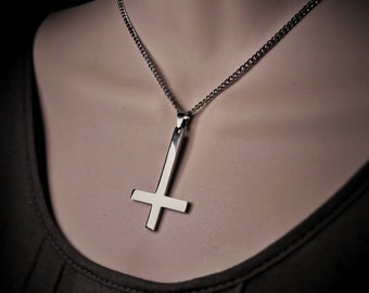 Upside down Silver Cross Pendant Necklace, Gothic Alternative Necklace for Women and Men, Inverted Crucifix Gothic Emo Grunge Necklace.
