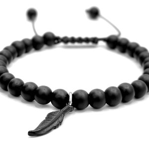 Black Beaded Minimal Feather Charm Bracelet for Men and women Unique Handmade Bracelet For Men,Onyx Stone Stackable Jewellery,