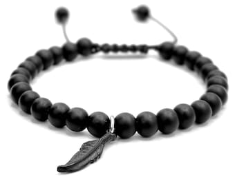 Black Beaded Minimal Feather Charm Bracelet for Men and women Unique Handmade Bracelet For Men,Onyx Stone Stackable Jewellery,