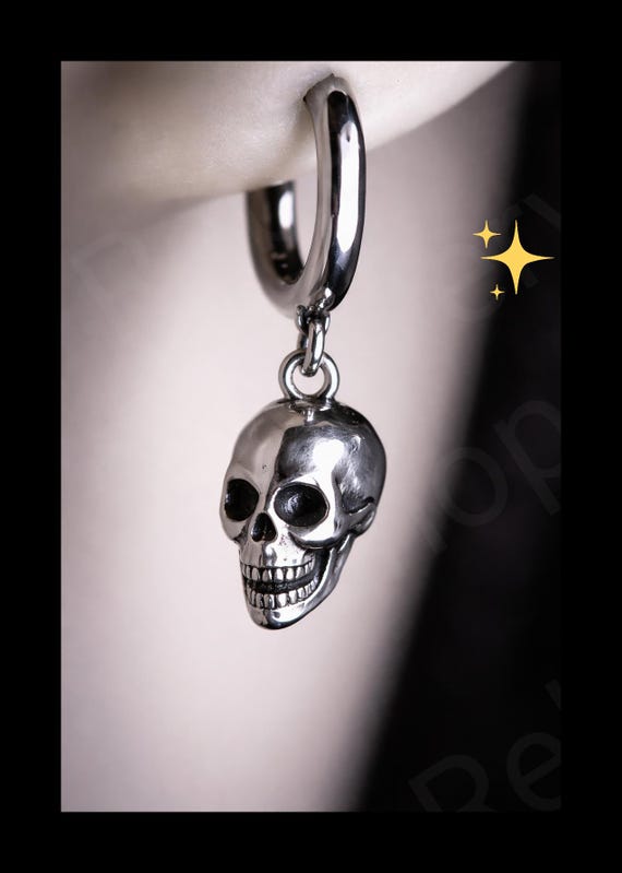 Skull Earrings Silver Hoop Gothic Earrings Set Skull Charm,Skull Hoop Punk Earrings Dangle, Grunge Alternative Jewellery, Goth Earrings