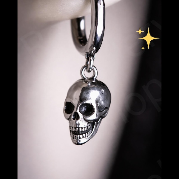 Skull Earrings Silver Hoop Gothic Earrings Set Skull Charm,Skull Hoop Punk Earrings Dangle, Grunge Alternative Jewellery, Goth Earrings