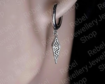 Silver Geometric Spike Hoop Earring for Men and Women, Dangle Spike Earring,Silver Steel Hoop Dangle Mens Silver Earrings, Cool Hoop Earring