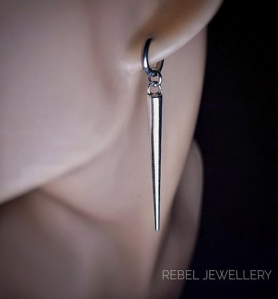 Long Silver Spike Dangle Gothic Punk Earrings, Alternative Dangle Drop Spike Earrings For Women and Men Spike Statement Steel Goth Earring