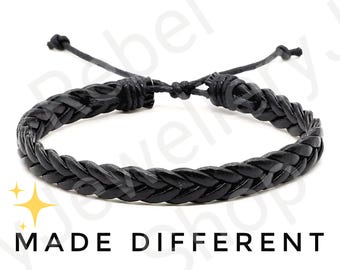 Leather Bracelet for Men,Black Braided Boho Style Faux Simple Leather Hippie Jewelry Adjustable minimalist Leather Bracelet 8mm Gift for Dad