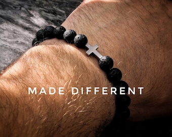 Lava Stone Black Beaded Cross Bracelet for Men and Women,Lava Rock Beads,Unique Jewellery,Handmade item, Healing Bracelet Silver Cross Charm