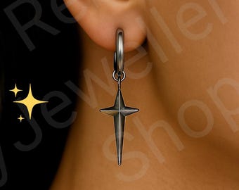 Mens Dangle Star Earrings, Mens Earring Dangly Silver Earring Set For Men. Mens Silver Star Earrings Gift For Him