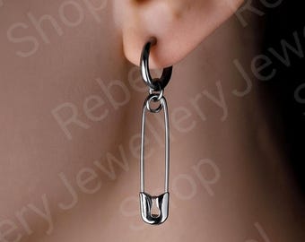 Silver Safety Pin Hoop Earrings Mini Statement Safety Pin Drop Dangle Gothic  Grunge Silver Earrings, Punk Dangle Drop Earrings Halloween