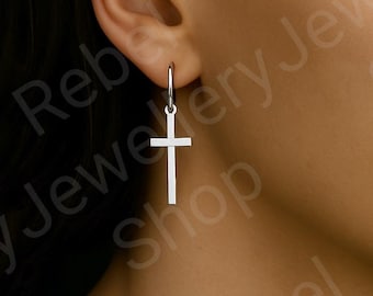 Silver Cross Hoop Earrings,Drop/Dangle Cross Crucifix Charm Stainless Steel Ring,Cross Jewellery,Gothic Unique Handmade,Alternative/Goth/Emo