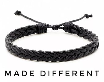 Leather Bracelet for Men,Black Braided Boho Style Faux Simple Leather Hippie Jewelry Adjustable minimalist Leather Bracelet 8mm Gift for Dad