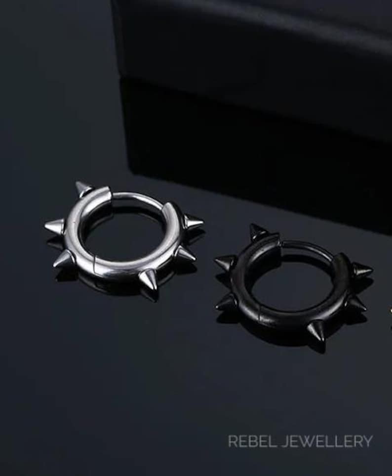 Silver Spike Earring Hoops, Huggie Hoops Spike Earrings Gothic Punk Earrings, Spikey Earrings Man, Punk Hoop Earring Spikey Dark Jewellery image 3