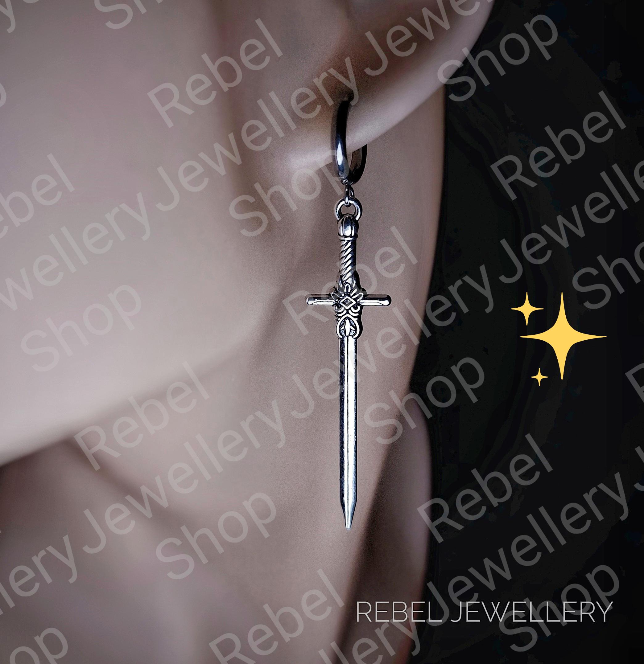 Silver Sword Earings for Women and Men. Unique Gothic Alternative Jewellery, Dagger Dangle Sword Silver Charm Earring Set, Unique gift
