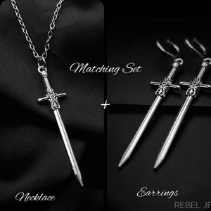 Silver Sword Earings for Women and Men. Unique Gothic Alternative Jewellery, Dagger Dangle Sword Silver Charm Earring Set, Unique gift Matching Set