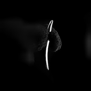 Puede incluir: Un pendiente plateado minimalista con un dise&ntilde;o curvo, sobre un fondo oscuro. El pendiente es una sola l&iacute;nea elegante, que refleja la luz. El texto "REBEL JEWELLERY" est&aacute; en la parte inferior.